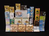 many boxes of food that are sitting on a table