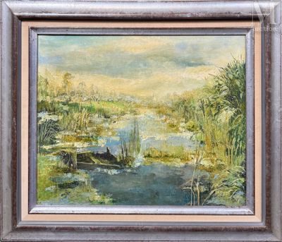 une peinture à l'huile représentant une scène de rivière avec un bateau dans l'eau