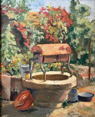 une peinture à l'huile représentant un puits au milieu d'un jardin