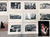 plusieurs photographies en noir et blanc représentant une femme et un chien