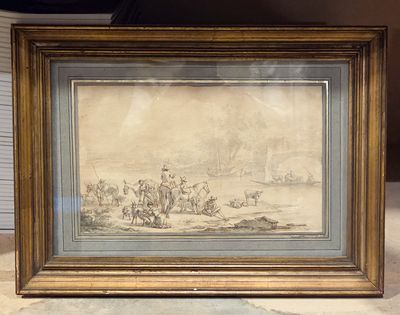 tableau représentant un groupe de personnes sur une plage, avec un bateau en arrière-plan