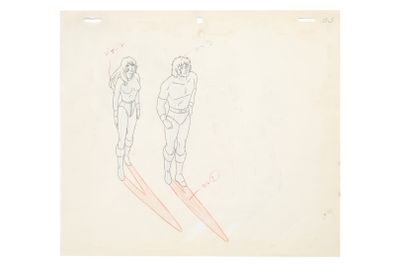 drawing of two skiers on skis in the air with their skis down