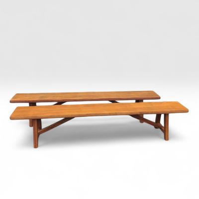 Paire de bancs en orme massif de style brutaliste, attribué à Olavi Ha - Photo 1