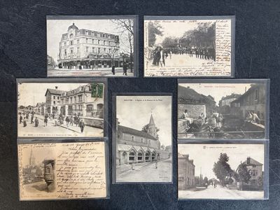 several black and white photographs of old buildings and people