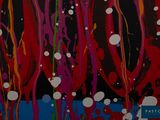 abstract painting of red, white, and blue paint splattered on a black background