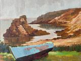 une peinture à l'huile représentant un bateau posé au milieu d'un champ verdoyant