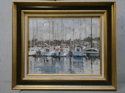 a painting of a harbor scene with boats in the water