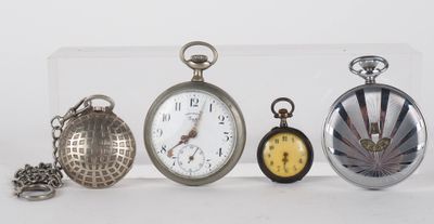 four different types of pocket watches in a display case