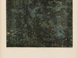 une image représentant un tableau accroché à un mur blanc, sur fond noir et vert