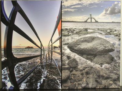 une photo d'une photo d'une plage et une photo d'un pont