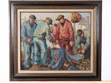 a painting of a group of people sitting on a bench