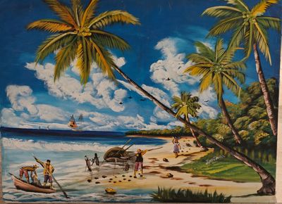 tableau représentant une scène de plage avec des palmiers et des personnes sur le rivage