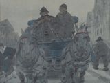 un tableau représentant une calèche tirée par des chevaux dans une rue de la ville