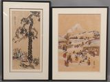 deux tableaux asiatiques encadrés représentant des personnes et un arbre dans une pièce
