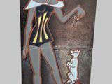 une peinture représentant une femme et un chat sur un mur