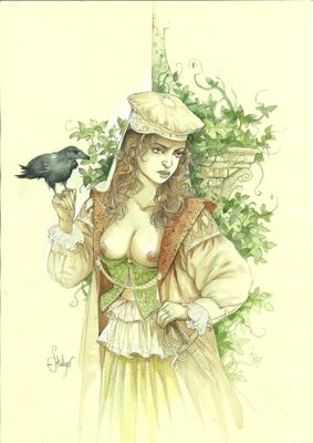 tableau représentant une femme tenant un oiseau dans la main et portant un chapeau sur la tête