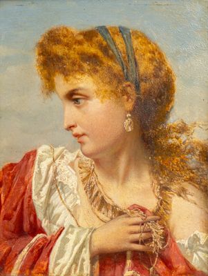 un tableau représentant une femme vêtue d'une robe rouge et blanche