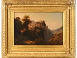 a painting of a mountain landscape with a castle in the distance