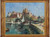 an oil painting of boats on a river with a bridge in the background