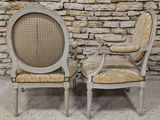 pair of french louis xvi style armchairs with upholstered seats