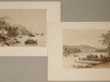 deux gravures représentant une scène fluviale avec des bateaux et des personnages sur l'eau