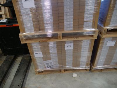 boxes stacked on top of each other on a pallet in a warehouse