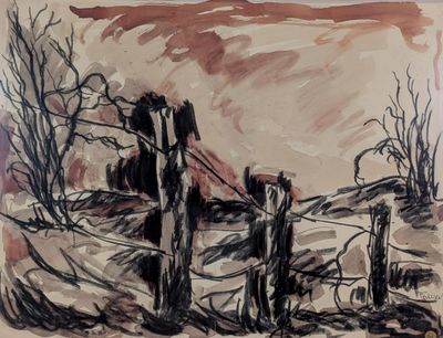 dessin représentant une clôture dans un champ, avec des arbres dénudés en arrière-plan