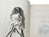 an open book with a drawing of a woman in a white dress