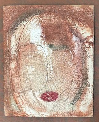 abstract painting of a woman ' s face with a red lip