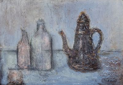 Hervé THIBAULT (né en 1944) Cafetière rouge et verrerie Huil…