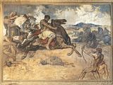 un tableau représentant un homme à cheval poursuivi par un autre homme à cheval