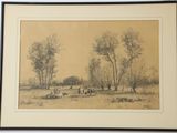 framed drawing of a landscape with horses grazing in a field