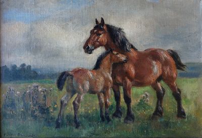 tableau représentant deux chevaux et un poulain dans un champ