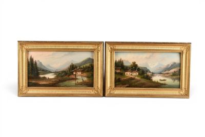 une paire de tableaux à l'huile représentant des montagnes et un lac, dans un cadre doré