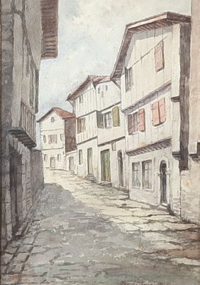 a painting of a street with buildings on both sides of it