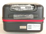 a black suitcase with a red zipper on it