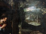 an image of a painting of a man praying in a wooded area