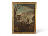 tableau représentant un paysage avec des personnages et des animaux dans un décor boisé