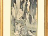 painting of a woman sitting under a tree in a wooded area