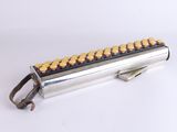 an image of a silver and gold cigarette case with gold buttons on it
