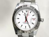 rolex watch with white dial and red hands on a stainless steel bracelet