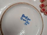 a person holding a plate with a blue writing on it
