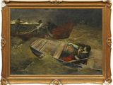 une image représentant un tableau où l'on voit deux personnes dans un bateau
