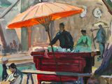 painting of people sitting at a table under an umbrella on a sunny day