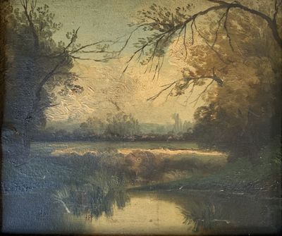 peinture d'un paysage avec une rivière et des arbres au premier plan