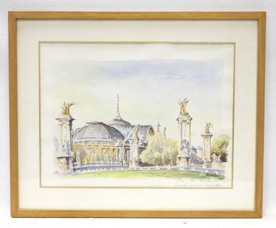 watercolor painting of a gazebo and fountain in a park