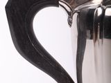 a silver tea pot with a wooden handle on a white background