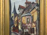 an oil painting of a street scene with a horse drawn carriage in front of a building