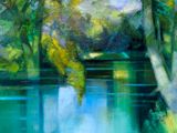 an oil painting of a river surrounded by trees and grass