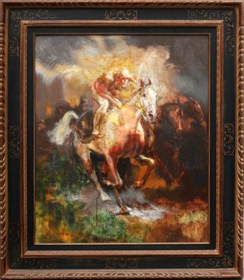 une peinture à l'huile représentant un homme à cheval dans un champ